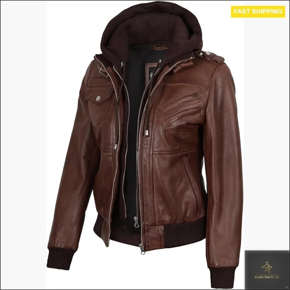 Lambskin Leather Jacket with Removable Hood, Regular Fit, Long Sleeve